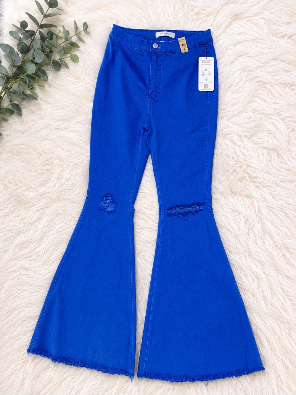 Vibrant Women’s High Rise Flare Jeans Size 7 Royal Blue Distressed Raw Hem